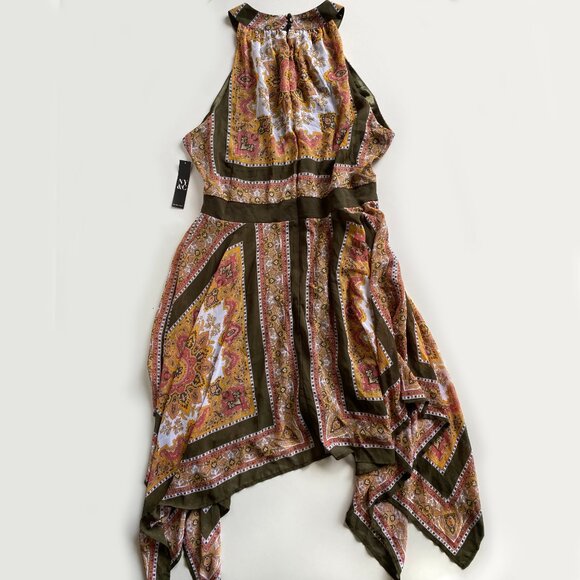 New York & Co Size 14 Halter Dress over Shorts Asymmetric Hem Olive Multicolor - Picture 3 of 11